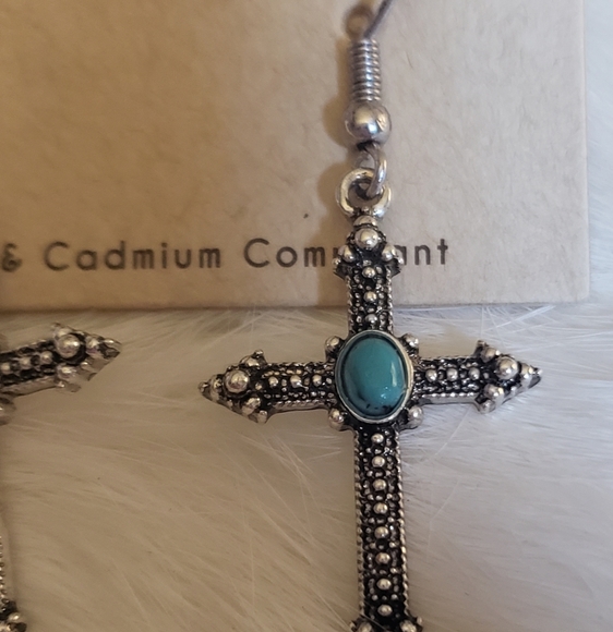 Maddock Turquoise Silvertone Cross Earrings - Picture 2 of 2